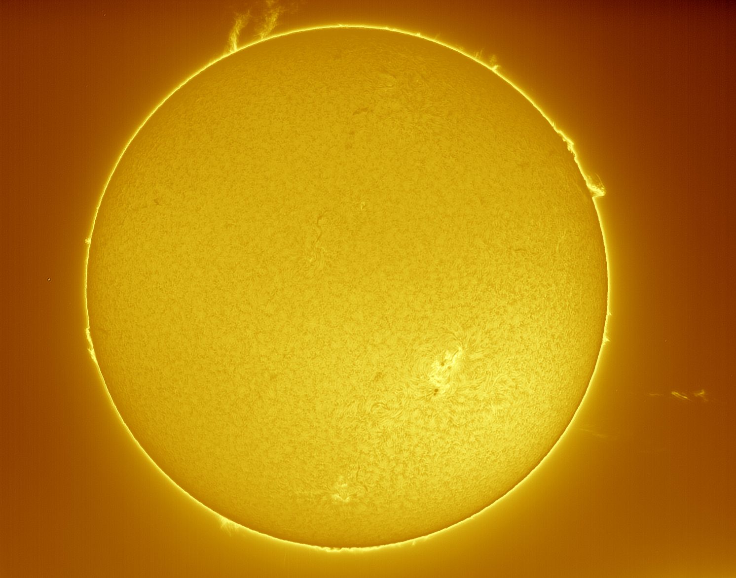 El Sol presenta prominencias solares, estructuras semejantes a llamas que emergen desde sus bordes. Algunas pueden alcanzar tamaños equivalentes a decenas de veces el diámetro de la Tierra; la prominencia visible en la parte superior central tiene un tamaño cercano al de diez planetas Tierra.