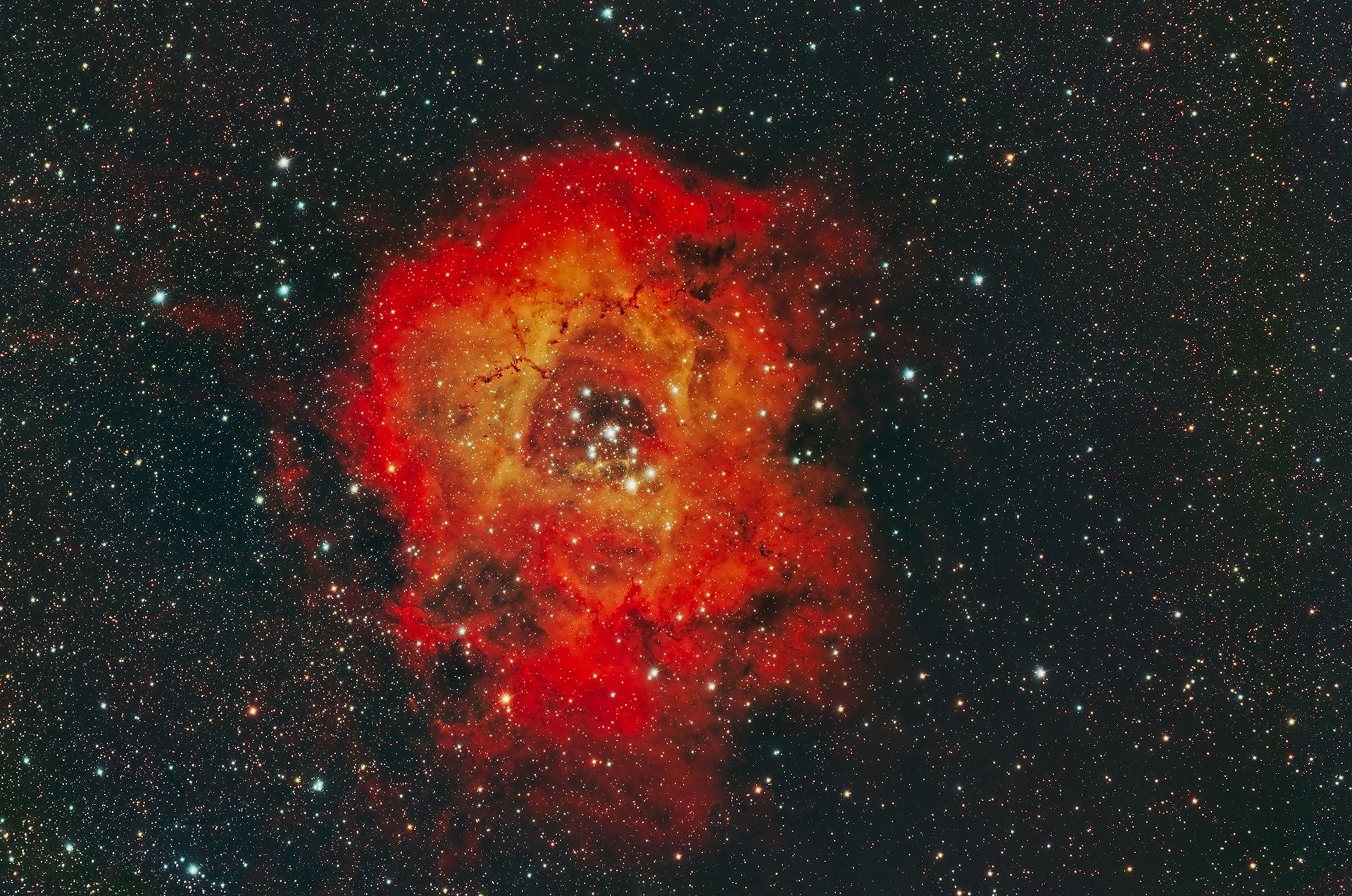 La Nebulosa Roseta es una vasta y tenue nube circular de gas y polvo, clasificada como región H II por la presencia de hidrógeno ionizado. Está ubicada en la banda de la Vía Láctea, en la constelación de Monoceros. En su interior se encuentra el cúmulo abierto NGC 2244, cuyas jóvenes estrellas excitan los átomos del gas y hacen brillar la nebulosa. Se ubica a unos 5.000 años luz de la Tierra.