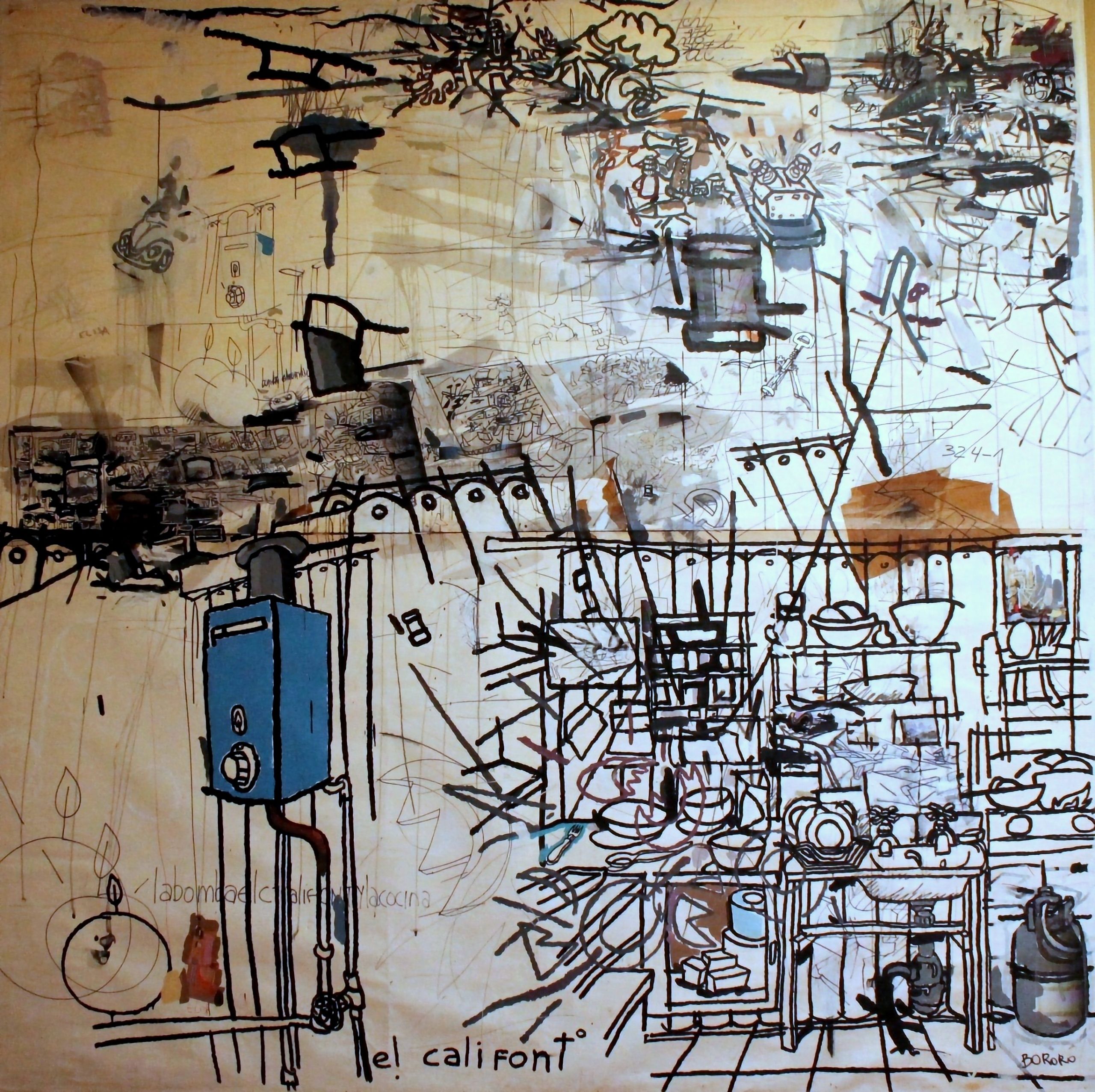 <i>Hacia la modernidad</i> - <b>"El calefont"</b> | 1990 | Carlos Maturana 'Bororo' | Chileno - 1985 | Dibujo, pintura sobre papel